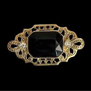 Vintage 1928 Art Deco Revival Goldtone Brooch With Black Glass & Rhinestones